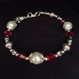 Pearl, silver, and red beaded bracelet